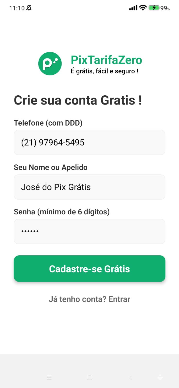 Cadastro no app